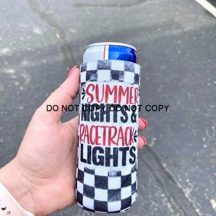 Summer Nights Racetrack Lights Racing Print Slim Can Koozie - Sip Sleeves