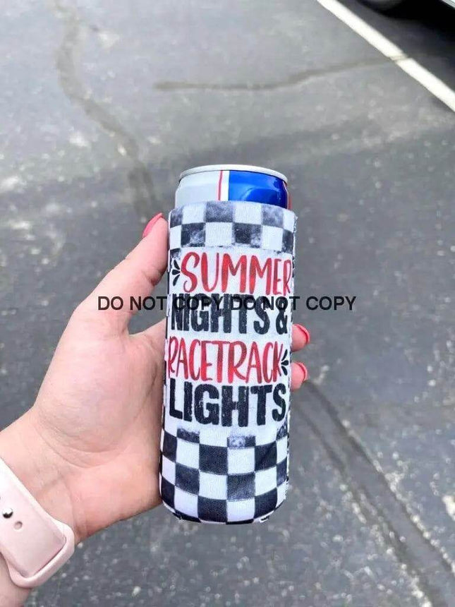 Summer Nights Racetrack Lights Racing Print Slim Can Koozie - Sip Sleeves