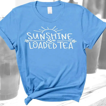 Sunshine & Loaded Tea ~ Tee on Heather Blue Tshirt - Sip Sleeves