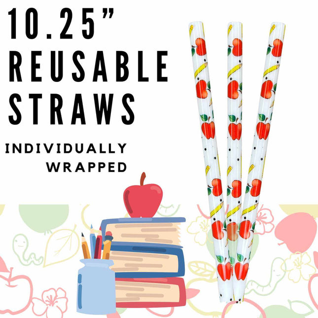 Teacher Apples 10.25" Long Printed Plastic Straws ~ IND WRAPPED