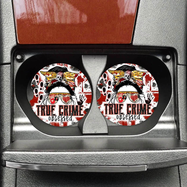 True Crime Obsessed Neoprene Car Coaster Set for Cup Holder Absorbent Washable and Fun - Sip Sleeves