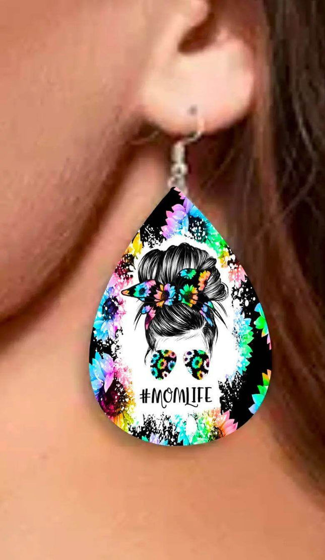 Vegan Leather Tear Drop Earrings ~ Momlife Sunflower Tear drop fun jewelry - Sip Sleeves