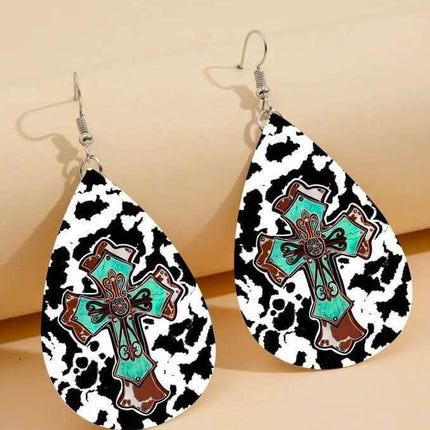 Vegan Leather Tear Drop Earrings ~ Western Cross Tear drop fun jewelry - Sip Sleeves
