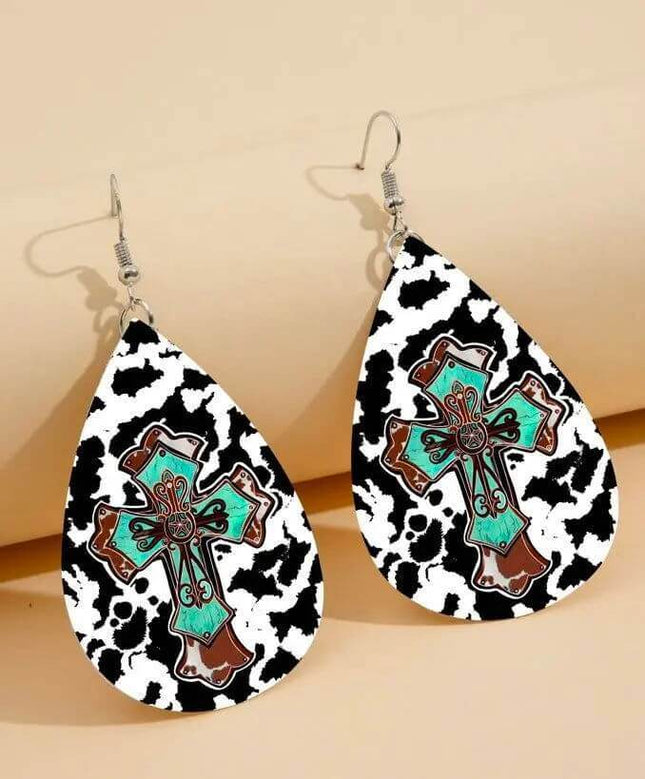 Vegan Leather Tear Drop Earrings ~ Western Cross Tear drop fun jewelry - Sip Sleeves