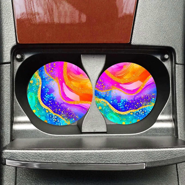 Watercolor Marbled Neoprene Car Coaster Set for Cup Holder Absorbent Washable and Fun - Sip Sleeves