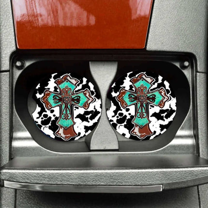 Western Cross Neoprene Car Coaster Set for Cup Holder Absorbent Washable and Fun - Sip Sleeves