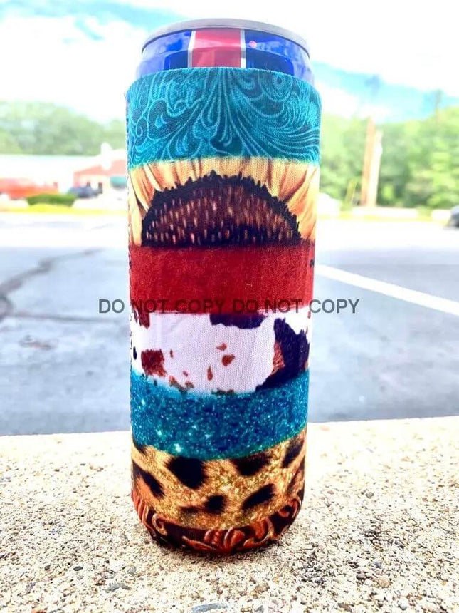 Western Sunflower Print Slim Can Koozie - Sip Sleeves