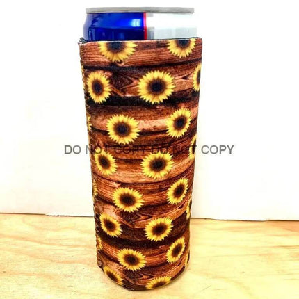 Wood Panel Sunflower Print Slim Can Koozie - Sip Sleeves