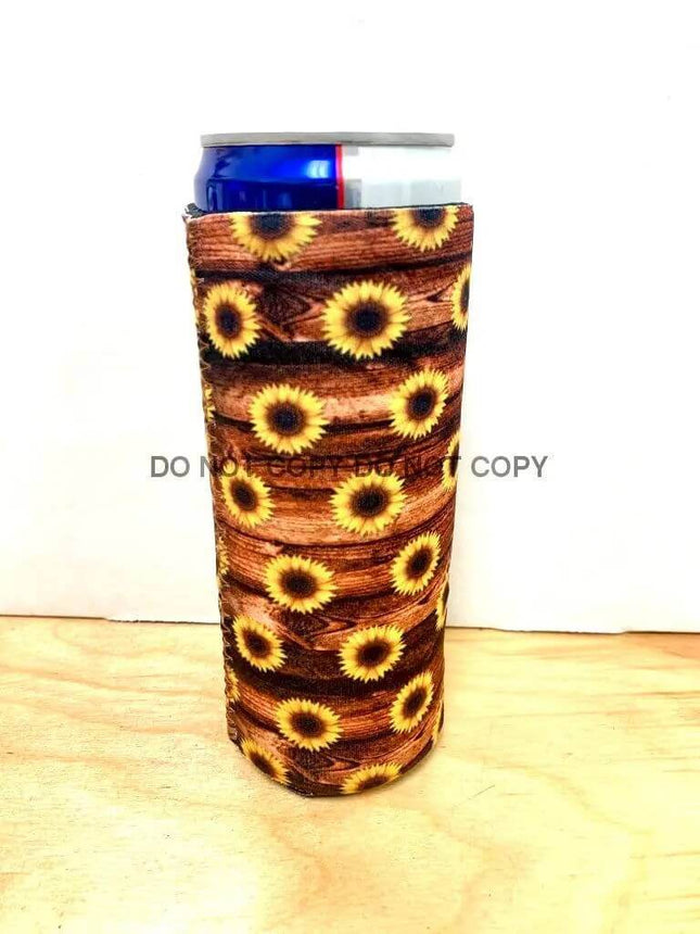 Wood Panel Sunflower Print Slim Can Koozie - Sip Sleeves