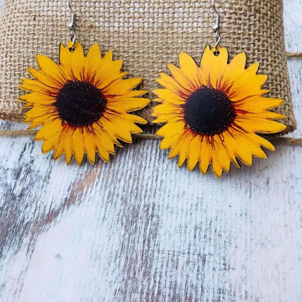 Wooden Sunflower Earrings - RTS - Sip Sleeves