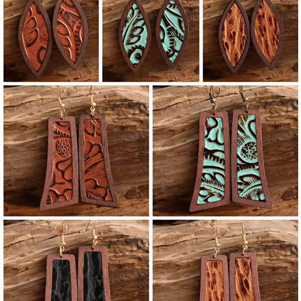 Wooden Western Carved Statement Earrings - Sip Sleeves