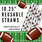 a football and a football on a field with the words reusable straws