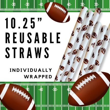 a football and a football on a field with the words reusable straws
